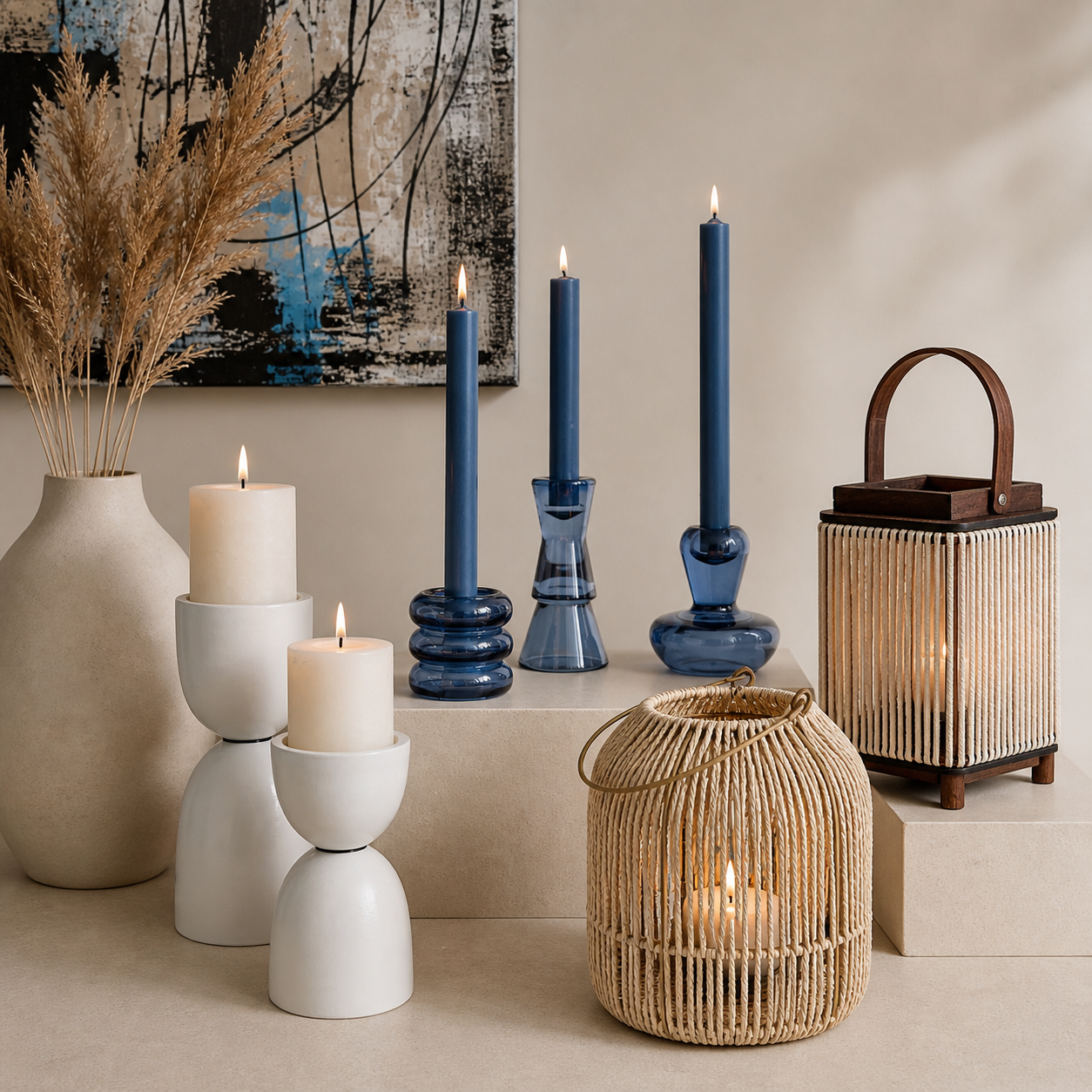 Moderne Kerzenhalter und Kerzenständer aus Glas, Keramik und Naturmaterialien mit Kerzen und Windlichtern in stilvoller, minimalistischer Dekoration