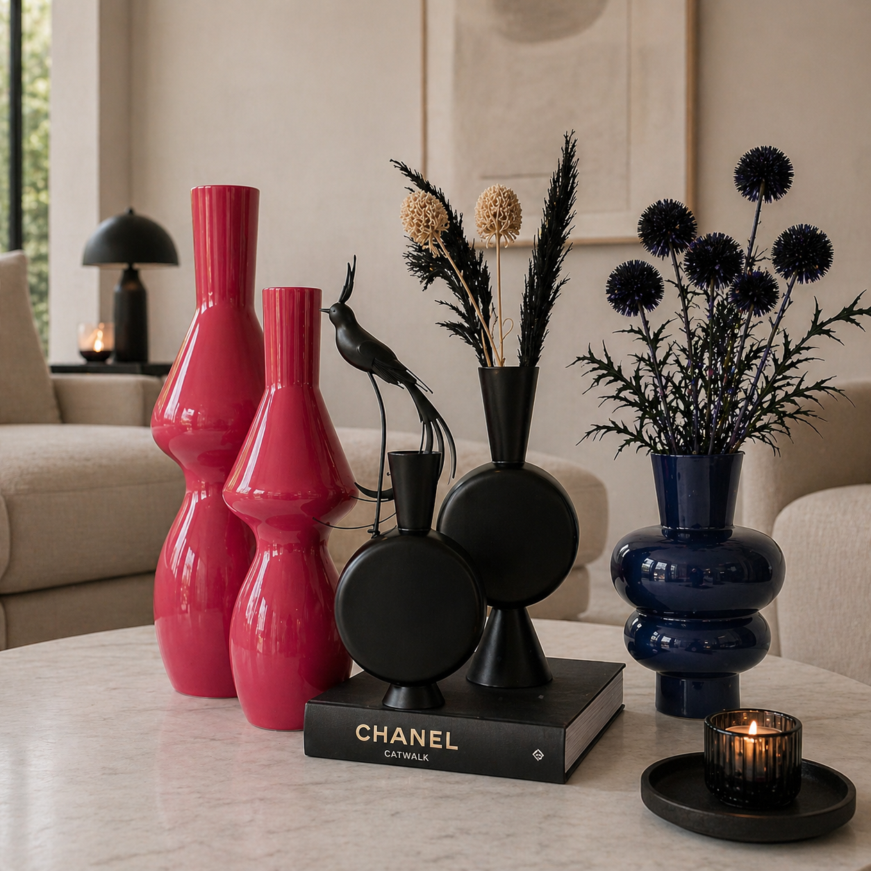 Moderne Metalldekoration mit roten, schwarzen und blauen Vasen sowie schwarzer Vogelfigur stilvoll arrangiert auf einem Tisch im minimalistischen Wohnzimmer