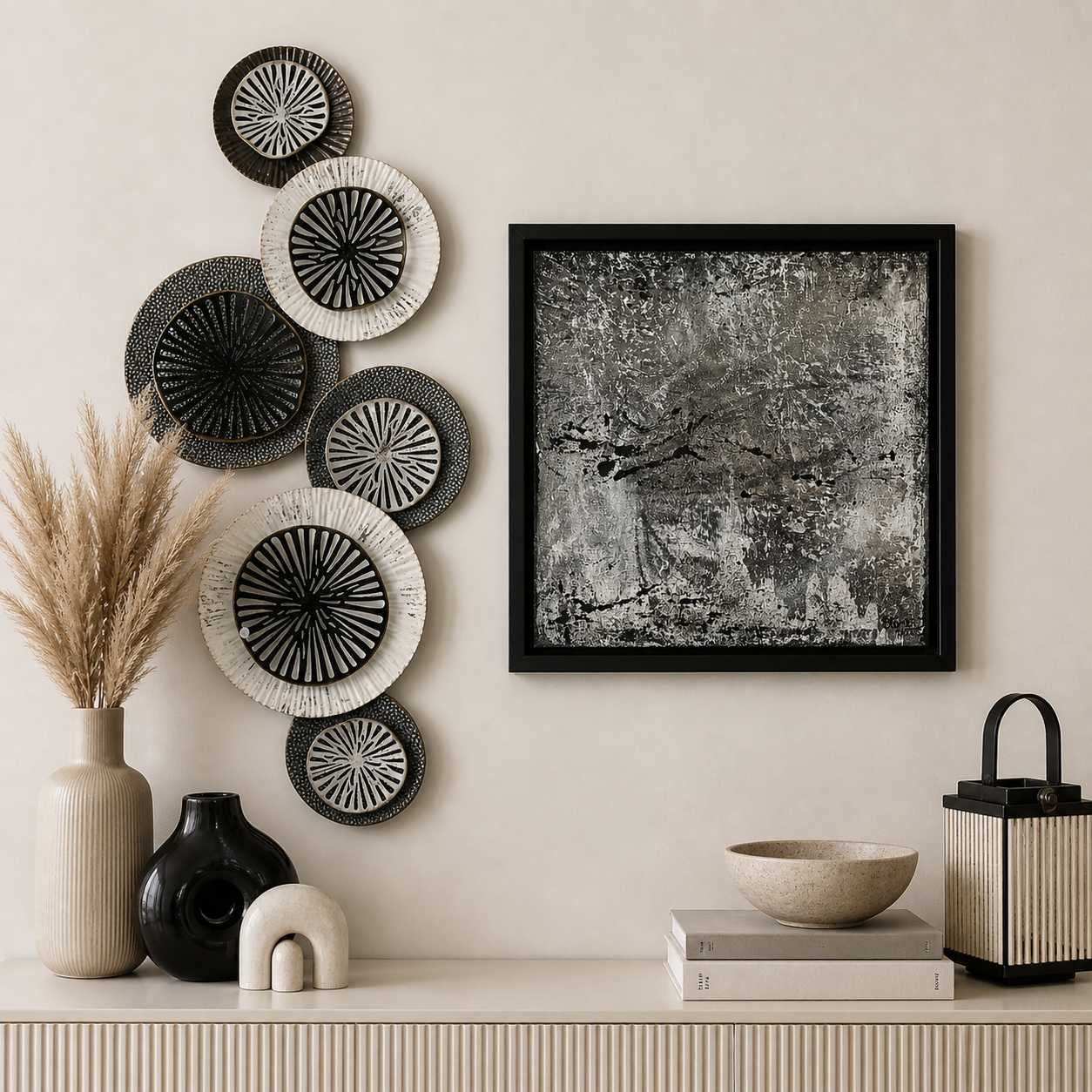 Moderne Wanddekoration mit Acrylbild und dekorativen Wandobjekten in Schwarz, Weiß und Naturtönen stilvoll kombiniert