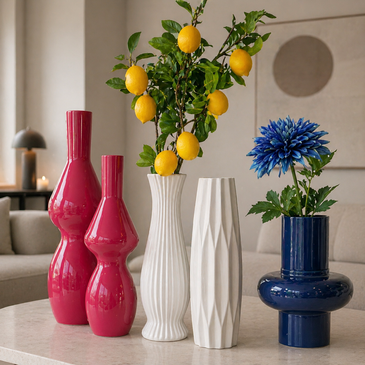 Moderne Vasen in Pink, Weiß und Blau dekoriert im minimalistischen Wohnzimmer