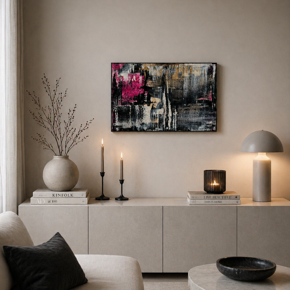 Modernes Acrylbild Schwarz Pink – Abstrakte Wandkunst auf Leinwand