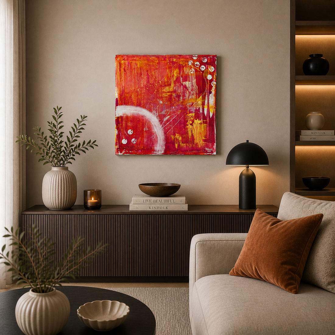 Handgemaltes abstraktes Acrylbild in kräftigen Rot-, Orange- und Gelbtönen (50x50 cm) über einer modernen Holzkommode mit stilvoller Dekoration und warmer Beleuchtung in einem eleganten Wohnzimmer