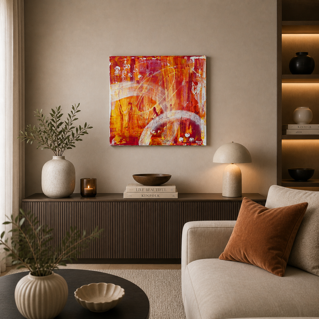 Handgemaltes abstraktes Acrylbild in Rot, Orange und Weiß (50x50 cm) über einer stilvoll dekorierten Kommode in einem modernen Wohnzimmer mit warmer Beleuchtung und minimalistischer Einrichtung
