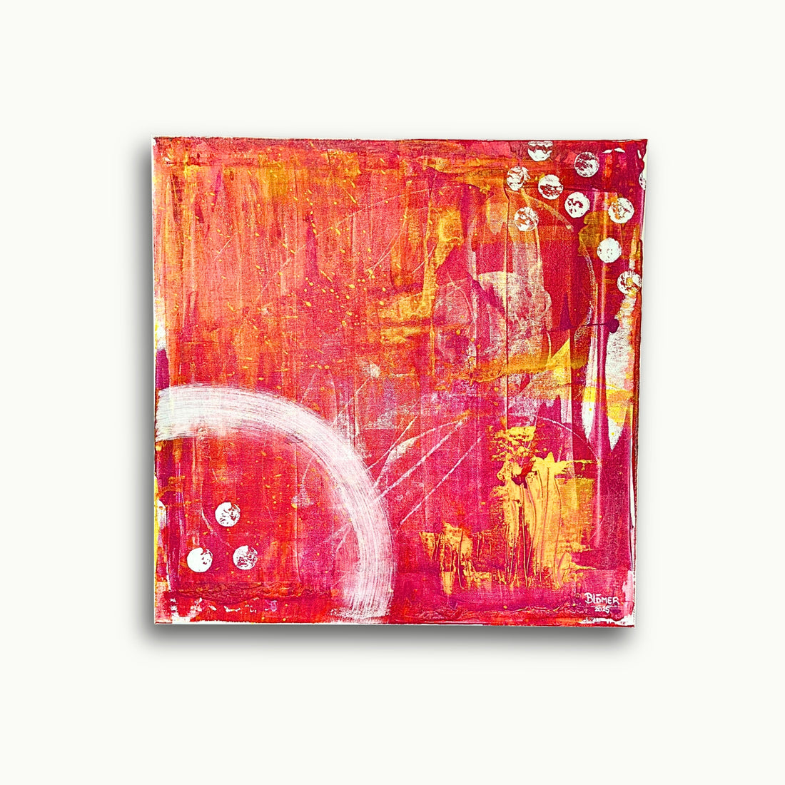 Handgemaltes abstraktes Acrylbild in kräftigen Rot-, Orange- und Gelbtönen (50x50 cm) 