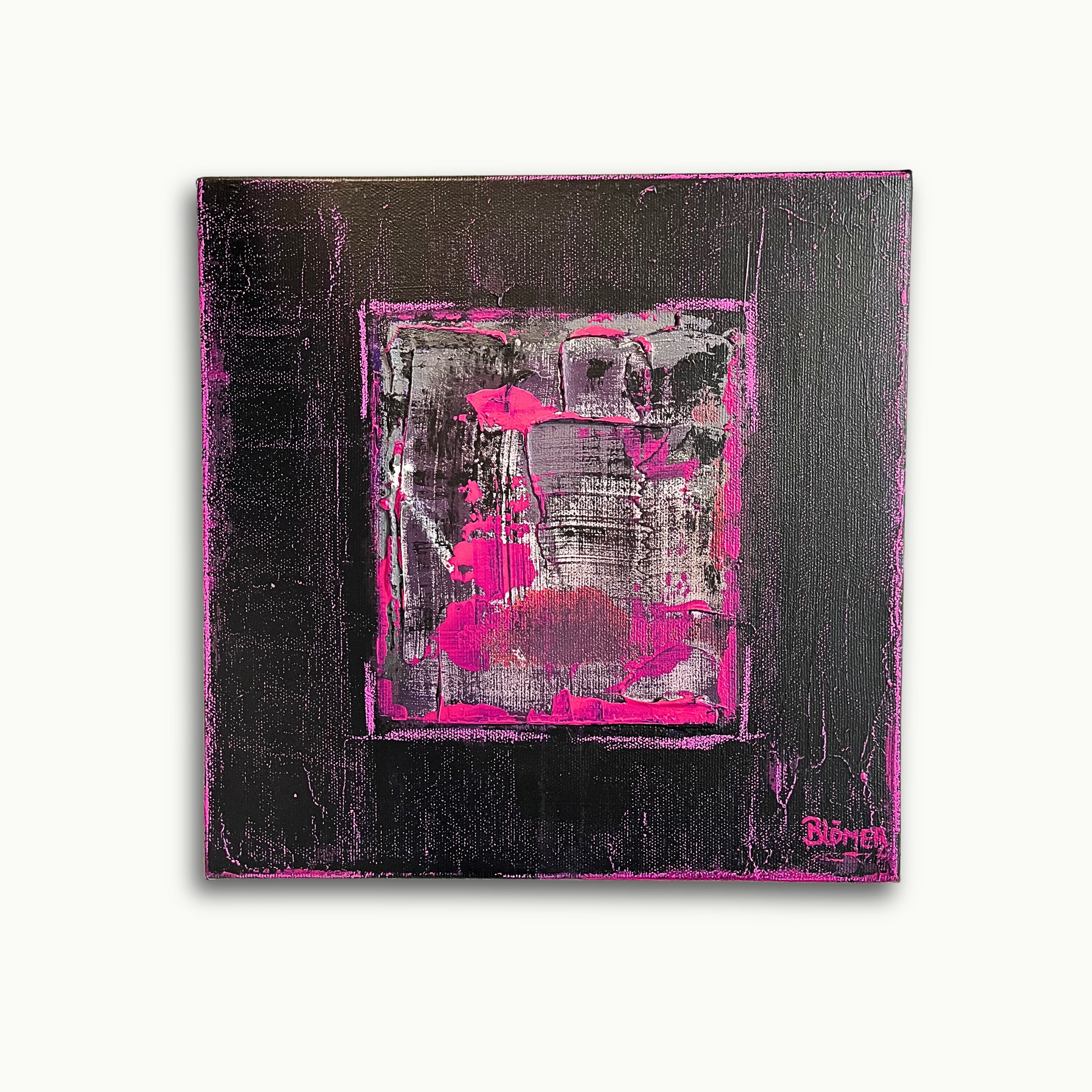 Abstraktes handgemaltes Acrylbild in Pink, Schwarz und Weiß mit strukturreicher Oberfläche