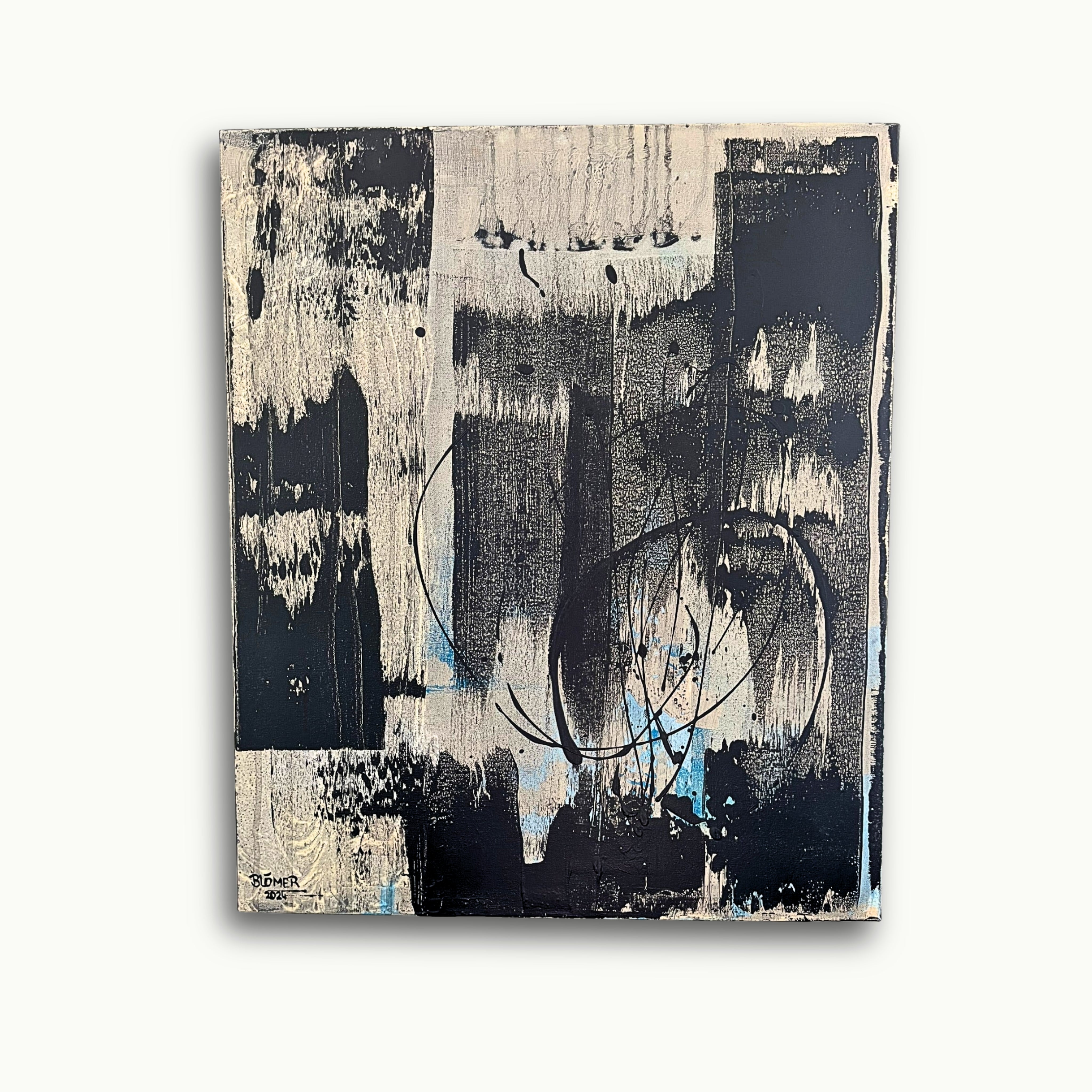 Abstraktes Acrylbild in Schwarz, Weiß und dezenten Blautönen (50x60 cm)
