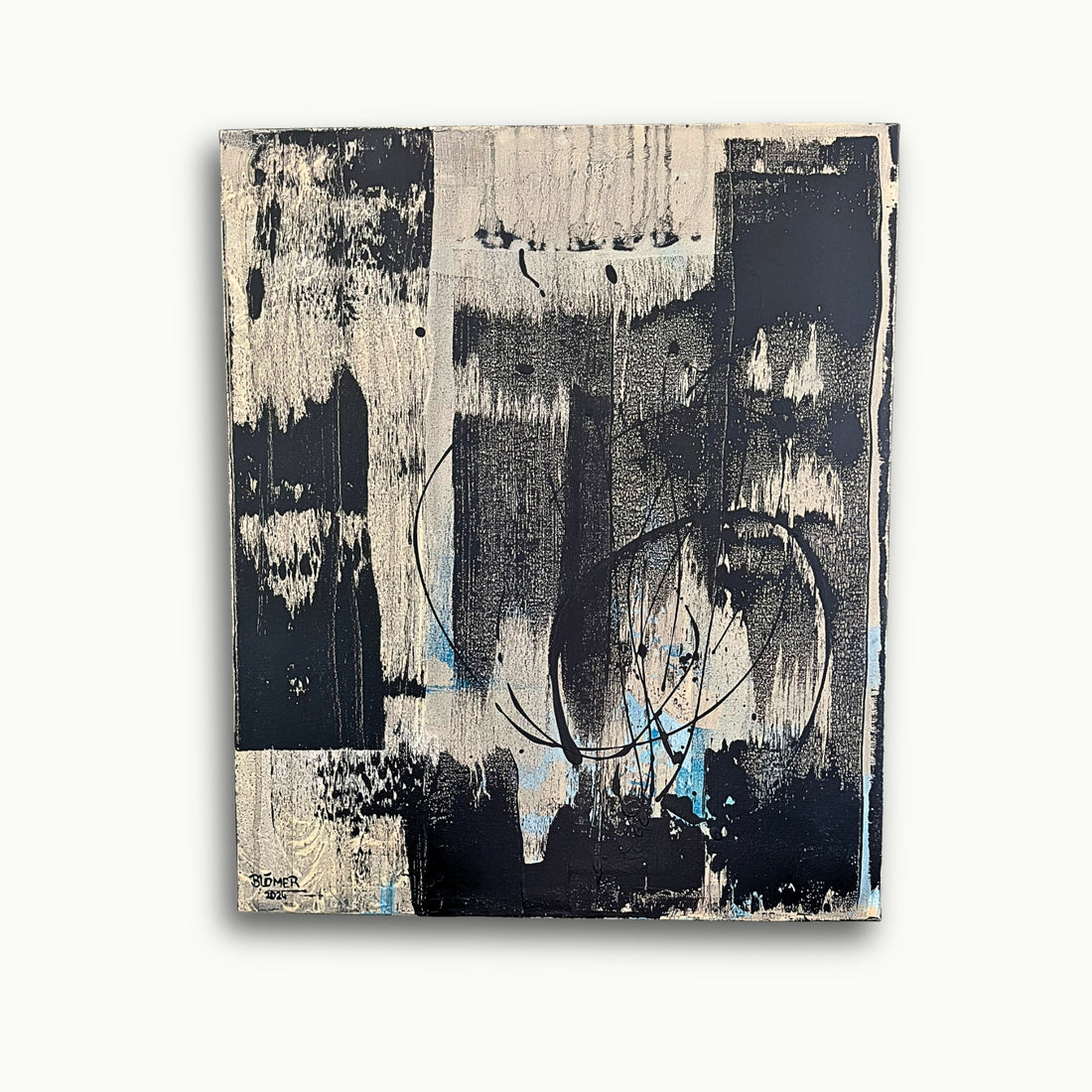 Abstraktes Acrylbild in Schwarz, Weiß und dezenten Blautönen (50x60 cm)