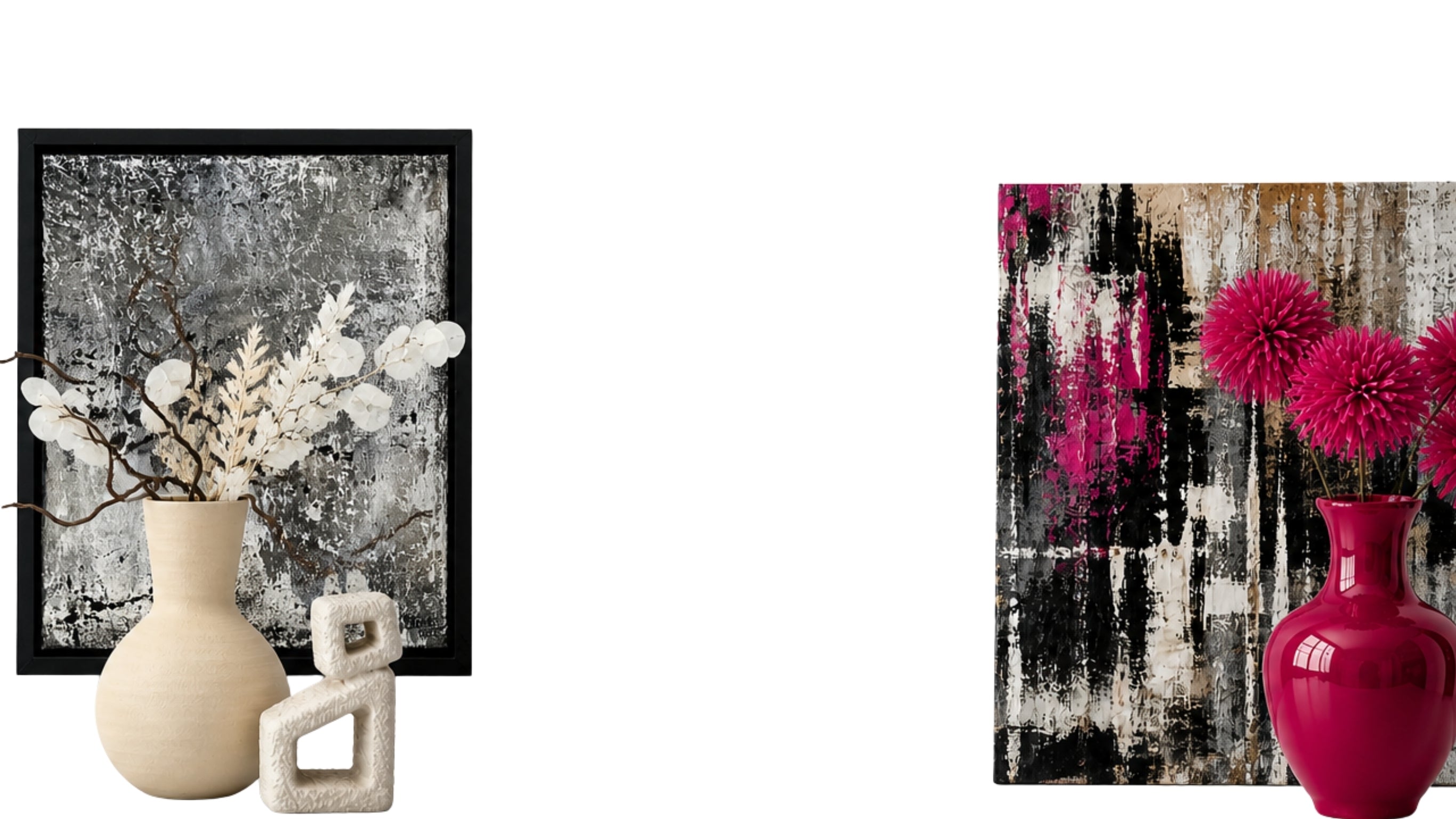 moderne Acrylbilder in schwarz/weiß und schwarz, gold,pink und weiß mit passenden dekorativen Vasen und Blumen