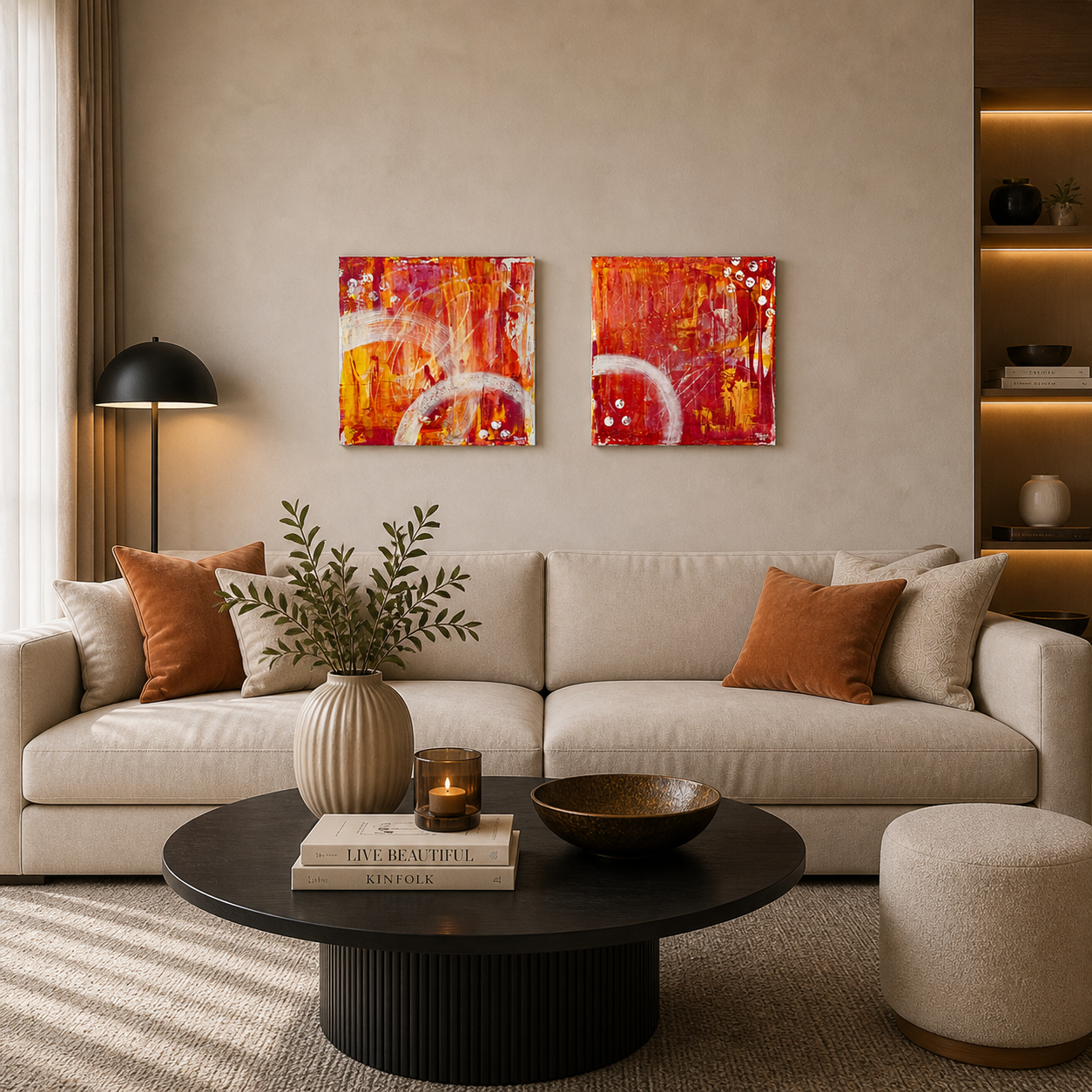 Zwei handgemalte abstrakte Acrylbilder in Rot, Orange und Weiß (je 50x50 cm) als Set über einem modernen Sofa in einem stilvoll eingerichteten Wohnzimmer