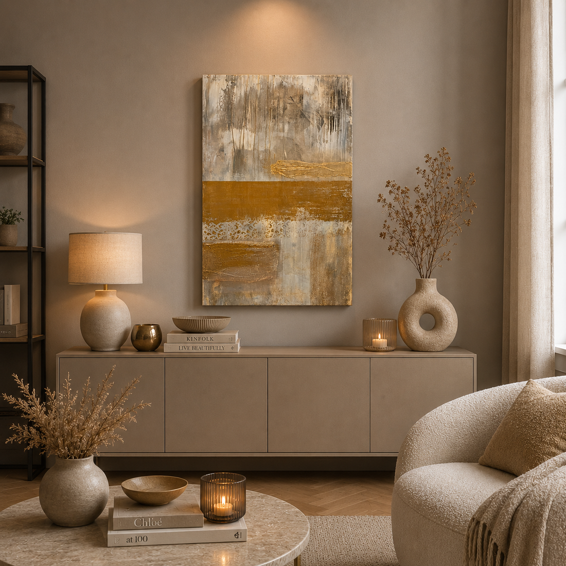 Handgemaltes Acrylbild von Atelier B in Beige-, Gold- und Naturtönen (70 x 100 cm), dekorativ über einer modernen Kommode in einem stilvoll eingerichteten Wohnzimmer mit farblich abgestimmter Deko und warmem Ambiente.