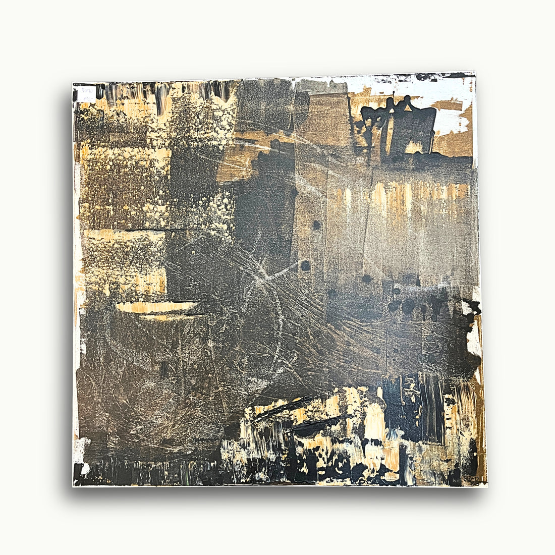 Handgemaltes abstraktes Acrylbild von Atelier B in Schwarz, Gold und Creme mit strukturierter Oberfläche auf Leinwand im Format 70x70 cm.