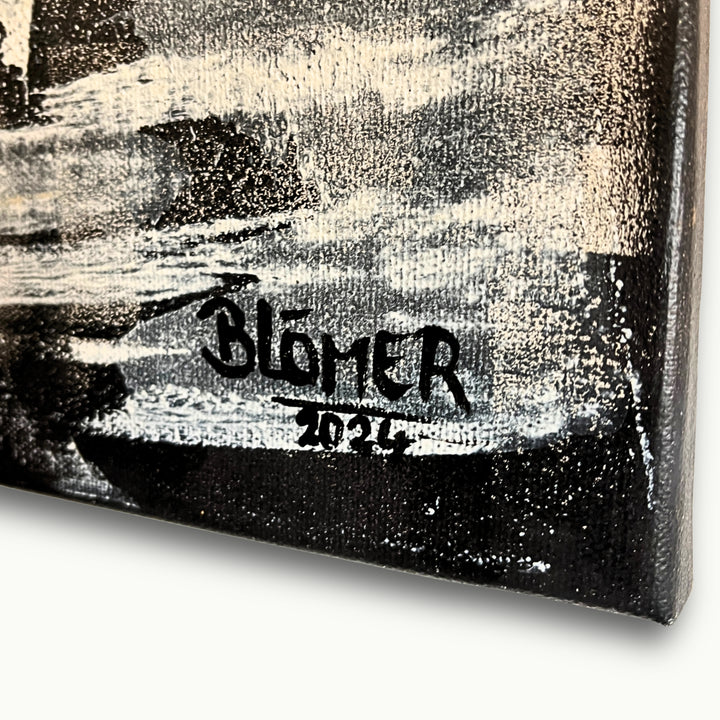 Nahaufnahme der handschriftlichen Signatur auf dem Original Acrylbild von Atelier B mit sichtbarer Leinwandstruktur und hochwertigen Farbschichten.