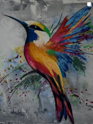 Farbenfrohes Acrylbild eines Kolibris im modernen abstrakten Stil mit lebendigen Farbspritzern