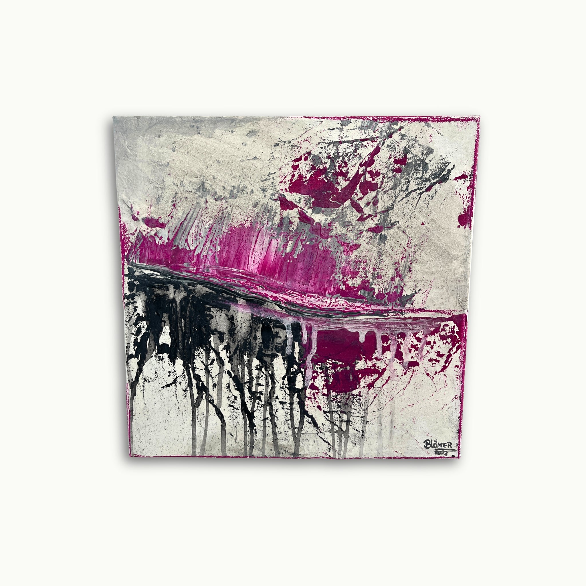 modernes abstraktes Acrylbild in weiß, schwarz, pink und grau