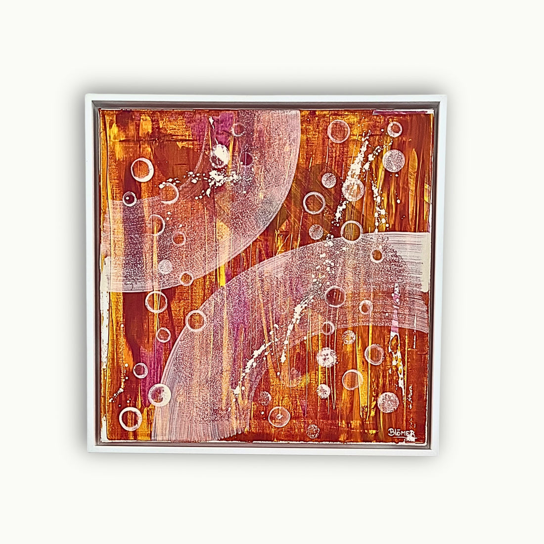Handgemaltes abstraktes Acrylbild in Orange, Rot und Gold mit Kreisen und Struktur im modernen Stil – stilvolle Wanddekoration für Wohnzimmer