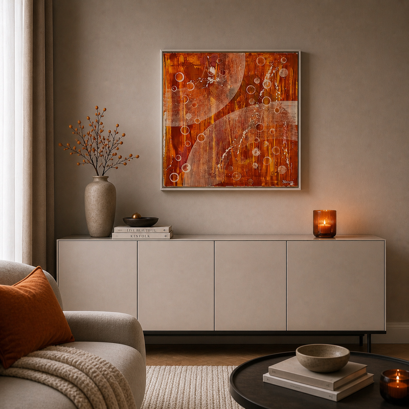 Modernes Wohnzimmer mit orangefarbenem Acrylbild über Sideboard, stilvoll dekoriert mit Vase und Kerzenlicht