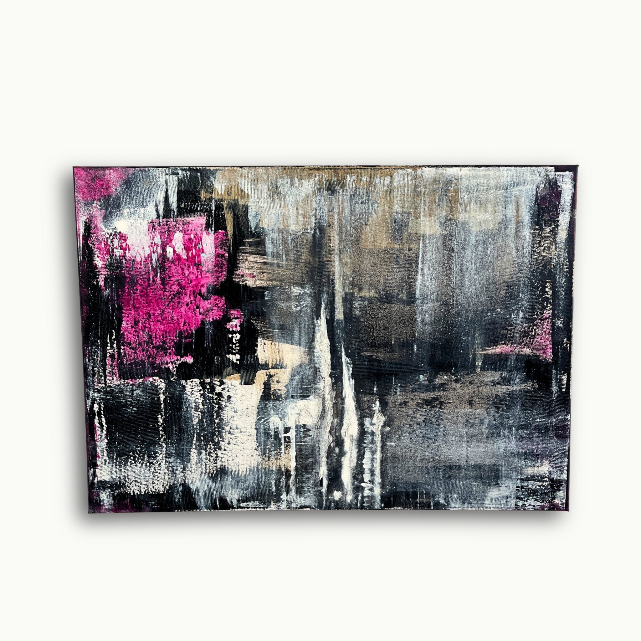 Modernes abstraktes Acrylbild in Schwarz, Weiß und Pink auf Leinwand als stilvolle Wanddekoration