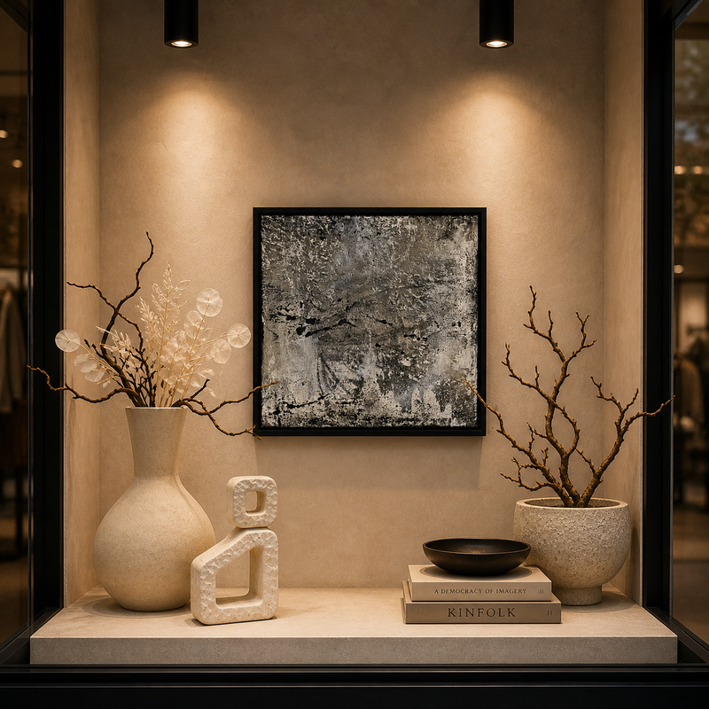 Schaufensterdekoration mit abstraktem schwarz-weißem Acrylbild und minimalistischer Vase und Skulptur