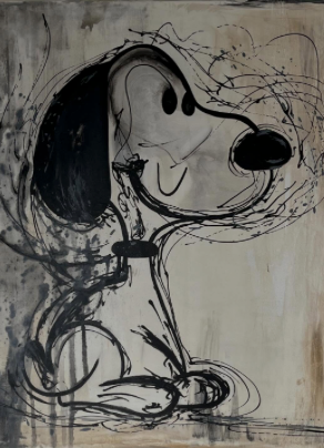 Handgemaltes Acrylbild von Snoopy in schwarz-weißem Skizzenstil auf abstraktem Hintergrund