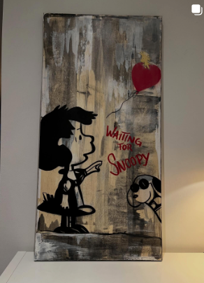 Modernes Acrylbild mit Snoopy im Graffiti-Stil und Schriftzug „Waiting for Snoopy“ in Rot auf abstraktem grauen Hintergrund