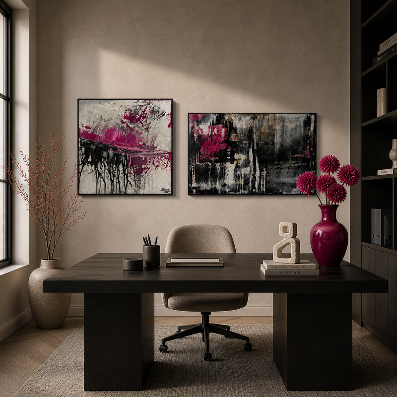 Modern eingerichtetes Büro mit abstrakten Acrylbildern in Schwarz, Weiß und Pink sowie stilvoller Vase als Dekoration
