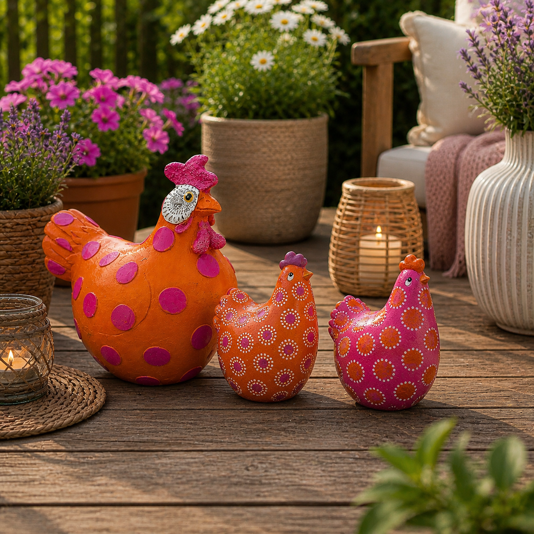 Dekorative handbemalte Keramik-Hühner in Orange und Pink als Set auf einer stilvollen Holzterrasse mit Blumen und Windlicht im modernen Gartenambiente