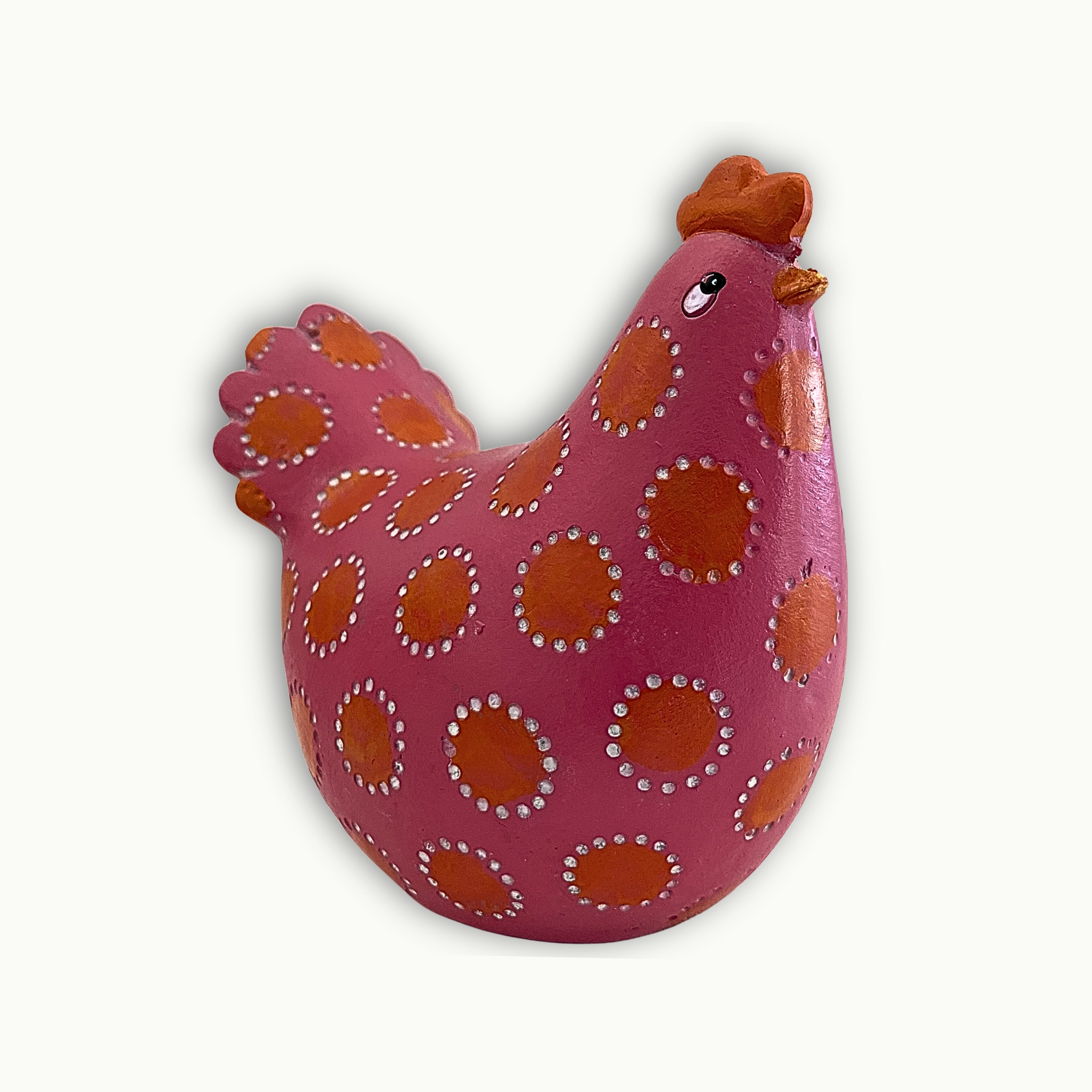 Kleines Deko Huhn in Pink-Orange aus Keramik mit Punktmuster, stilvolle moderne Wohnaccessoire Figur