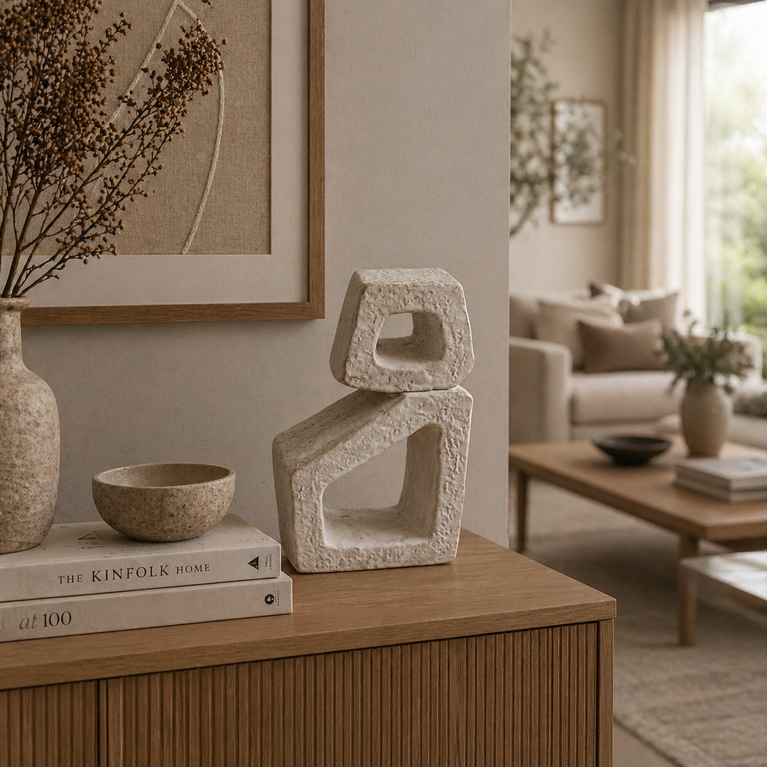 Moderne Deko Skulptur aus Keramik in heller Steinoptik auf Kommode im stilvoll eingerichteten Wohnzimmer dekoriert