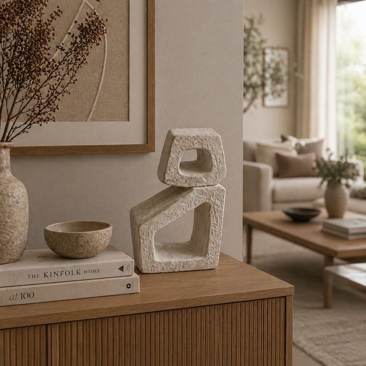 Moderne Deko Skulptur aus Keramik in heller Steinoptik auf Kommode im stilvoll eingerichteten Wohnzimmer dekoriert