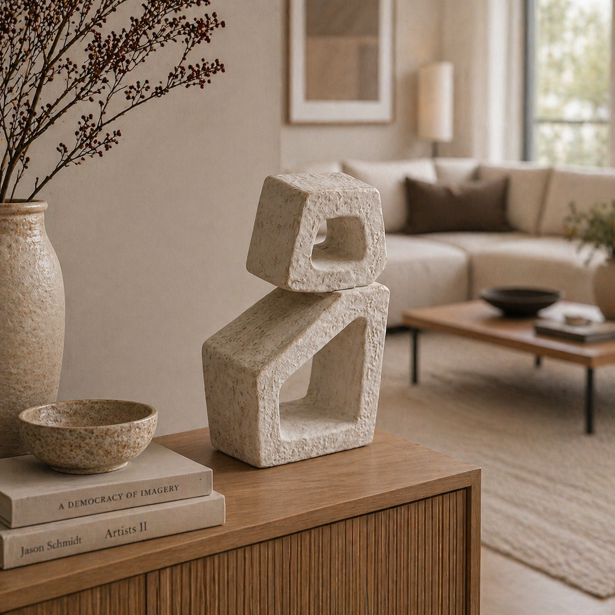 Moderne Deko Skulptur aus Keramik in heller Steinoptik auf Sideboard im stilvollen Wohnzimmer dekoriert