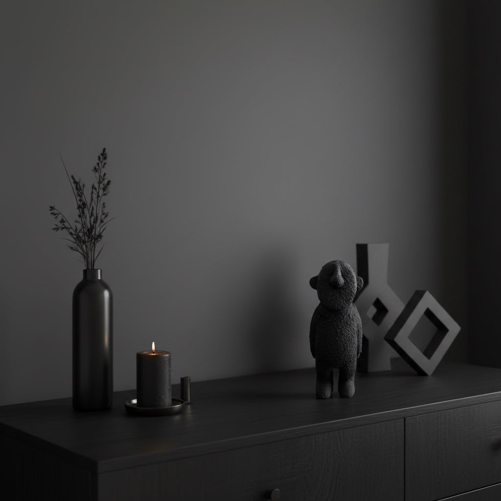 Moderne schwarze Dekofigur im minimalistischen Design als stilvolle Wohnraumdekoration auf schwarzer Kommode mir Kerze und Vase