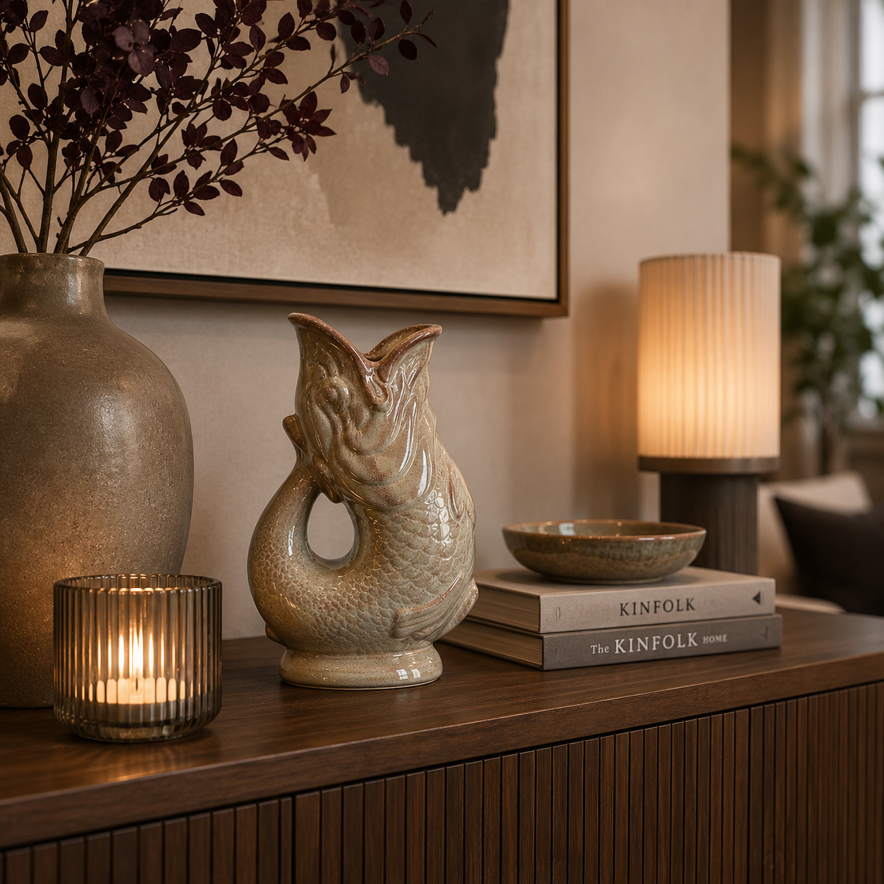 Beige Fischvase aus Keramik von Atelier B auf einem modernen Sideboard in einem stilvoll eingerichteten Wohnzimmer. Die dekorative Vase wird durch farblich abgestimmte Wohnaccessoires, Kerzenlicht und natürliche Dekoration harmonisch in Szene gesetzt.