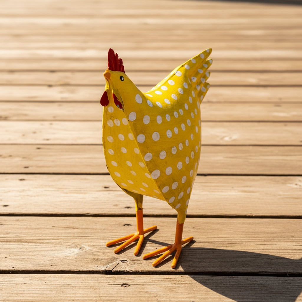 Ein gelbes Denkfigur Huhn auf einer Holzterrasse dekoriert als fröhliche Frühlingsdekoration