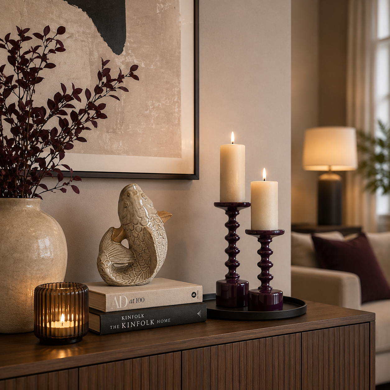 Dekorativer Keramikfisch in Grau-Beige mit glänzender Glasur auf einer modernen Kommode in einem stilvoll eingerichteten Wohnzimmer. Umgeben von farblich abgestimmter Deko, Kerzenlicht und natürlichen Wohnaccessoires für ein harmonisches Wohnambiente von Atelier B.