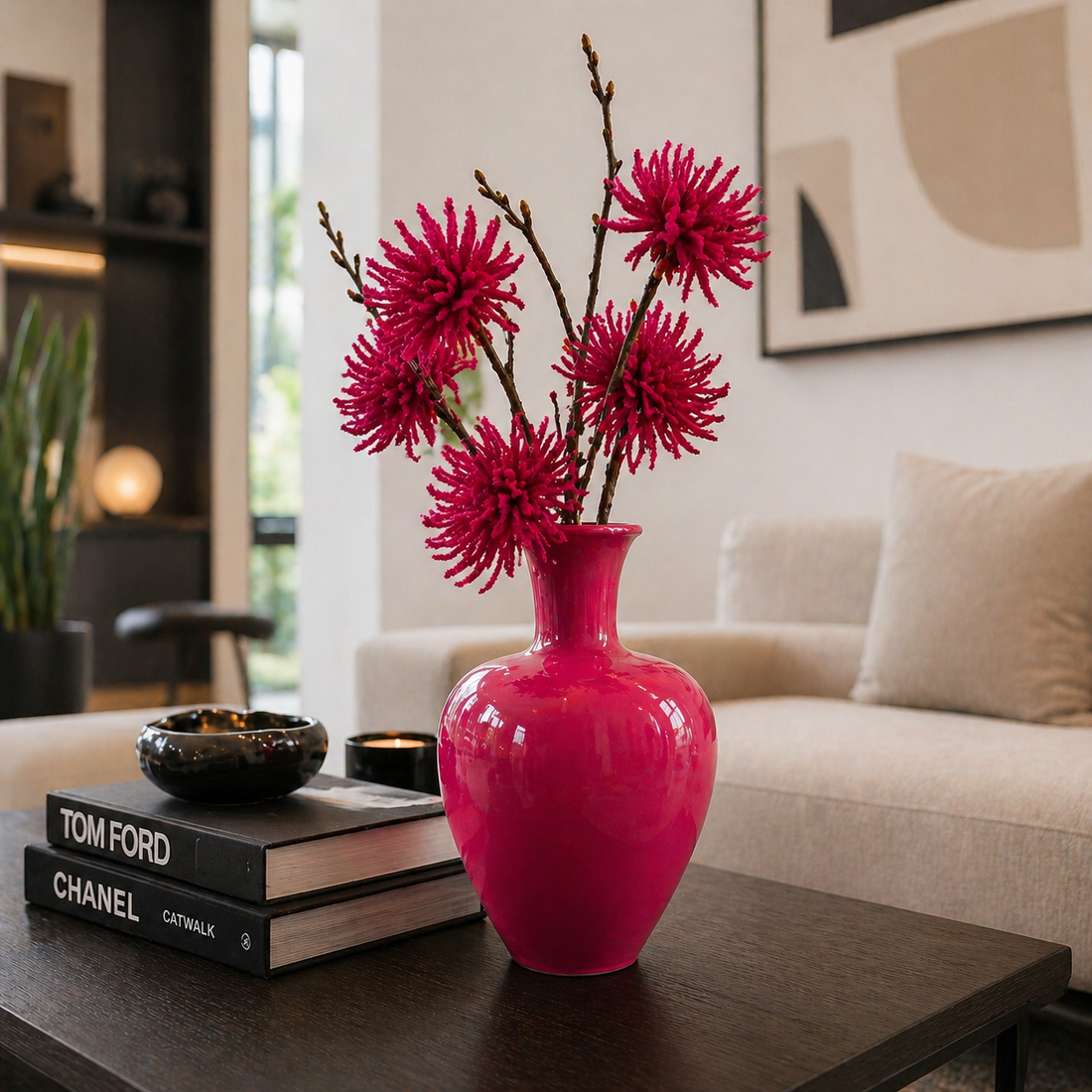 Moderne pinke Metallvase auf einem Wohnzimmertisch dekoriert im stilvollen Wohnzimmer