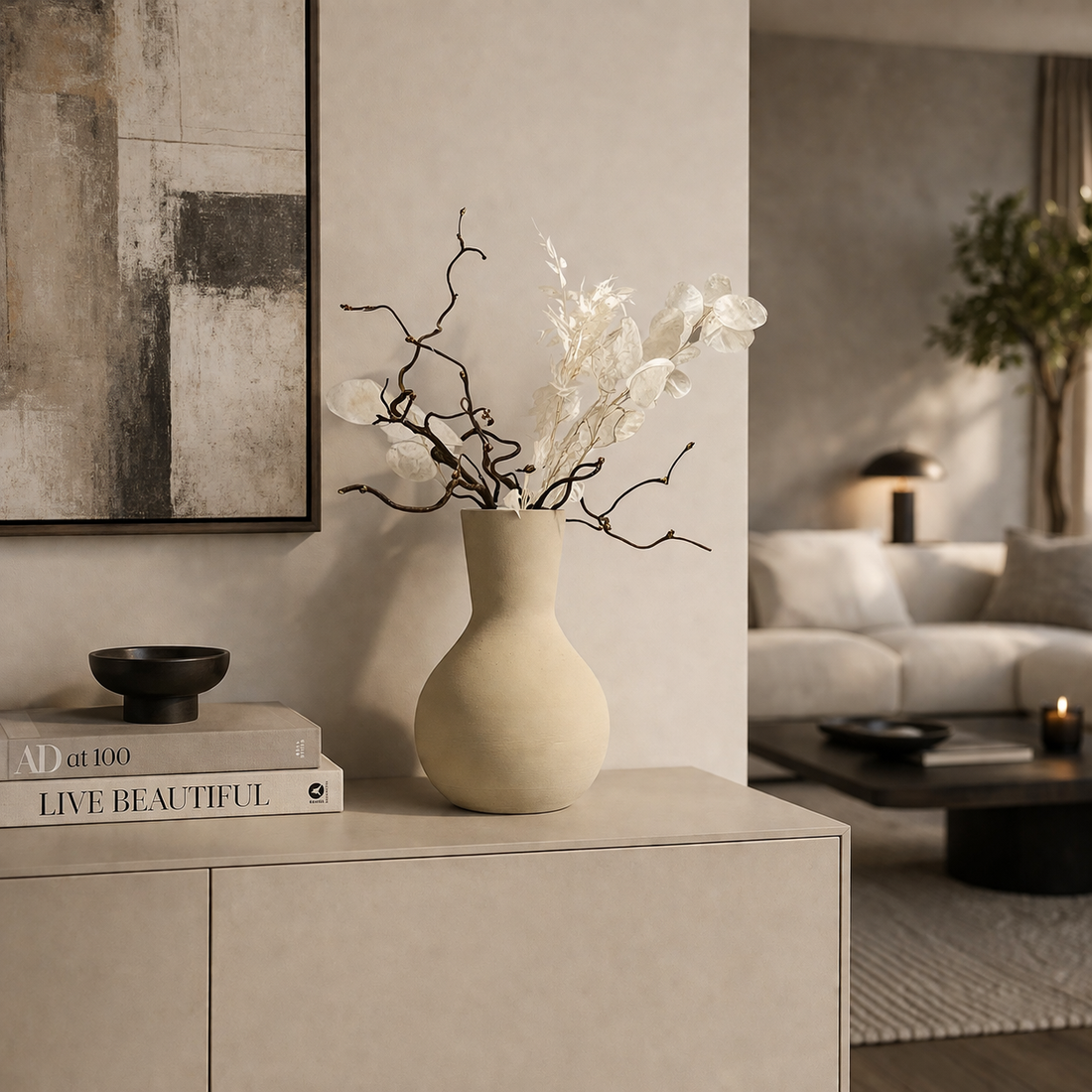 Moderne Metallvase in Sandfarbe mit strukturierter Oberfläche auf einer hellen Kommode im stilvollen Wohnzimmer dekoriert mit Trockenblumen – minimalistische Wohnraum Dekoration