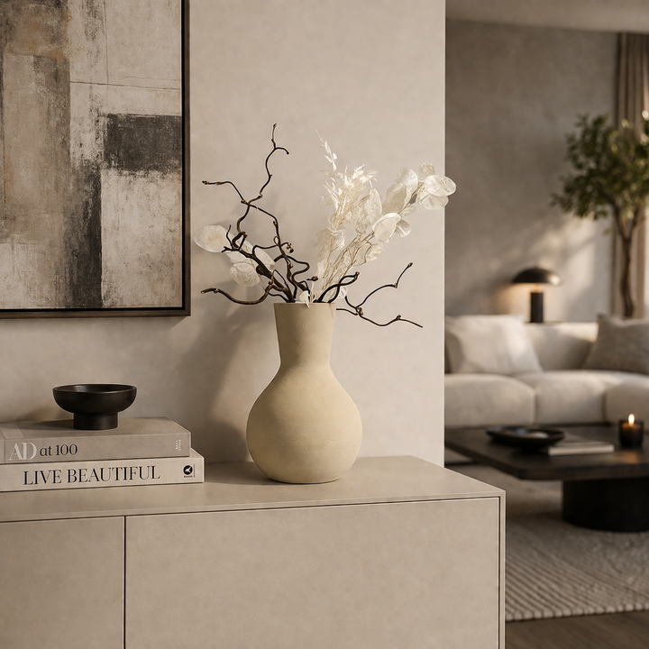 Moderne Metallvase in Sandfarbe mit strukturierter Oberfläche auf einer hellen Kommode im stilvollen Wohnzimmer dekoriert mit Trockenblumen – minimalistische Wohnraum Dekoration