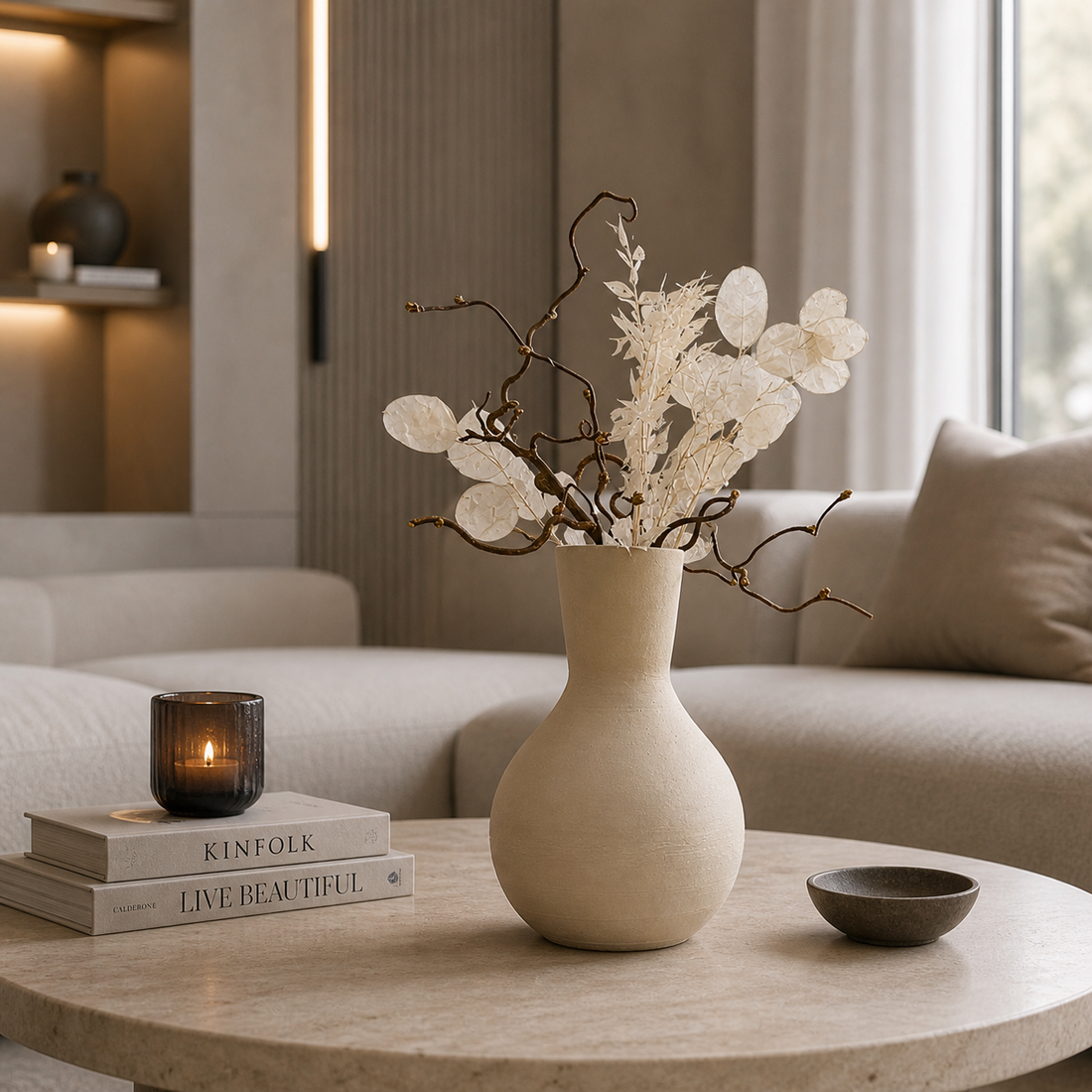 Moderne Metallvase in Sandfarbe mit strukturierter Oberfläche auf einem Wohnzimmertisch dekoriert mit Trockenblumen, Kerze und Büchern im stilvollen minimalistischen Wohnzimmer