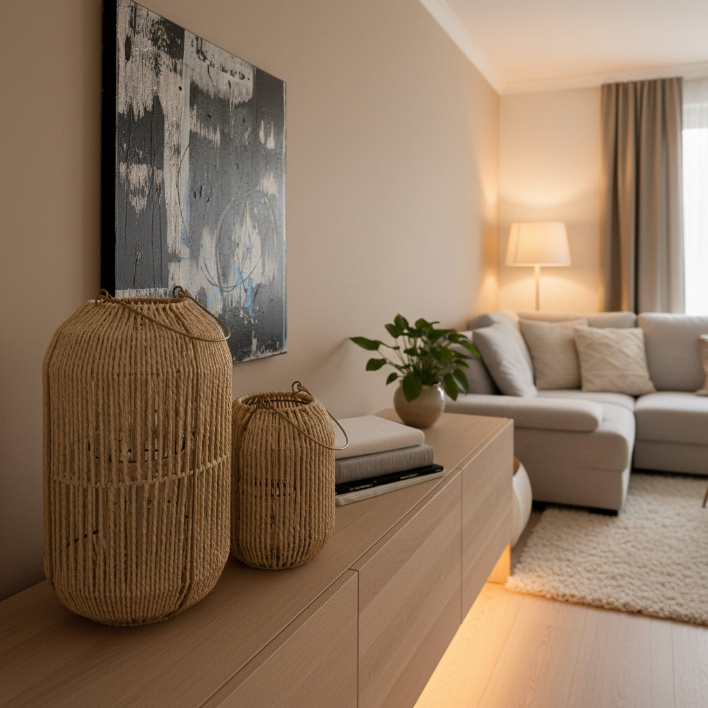 Teelichthalter Set aus geflochtenen Naturfasern mit Glaseinsatz in Beige mit Acrylbild in Wohnzimmer von Atelier B
