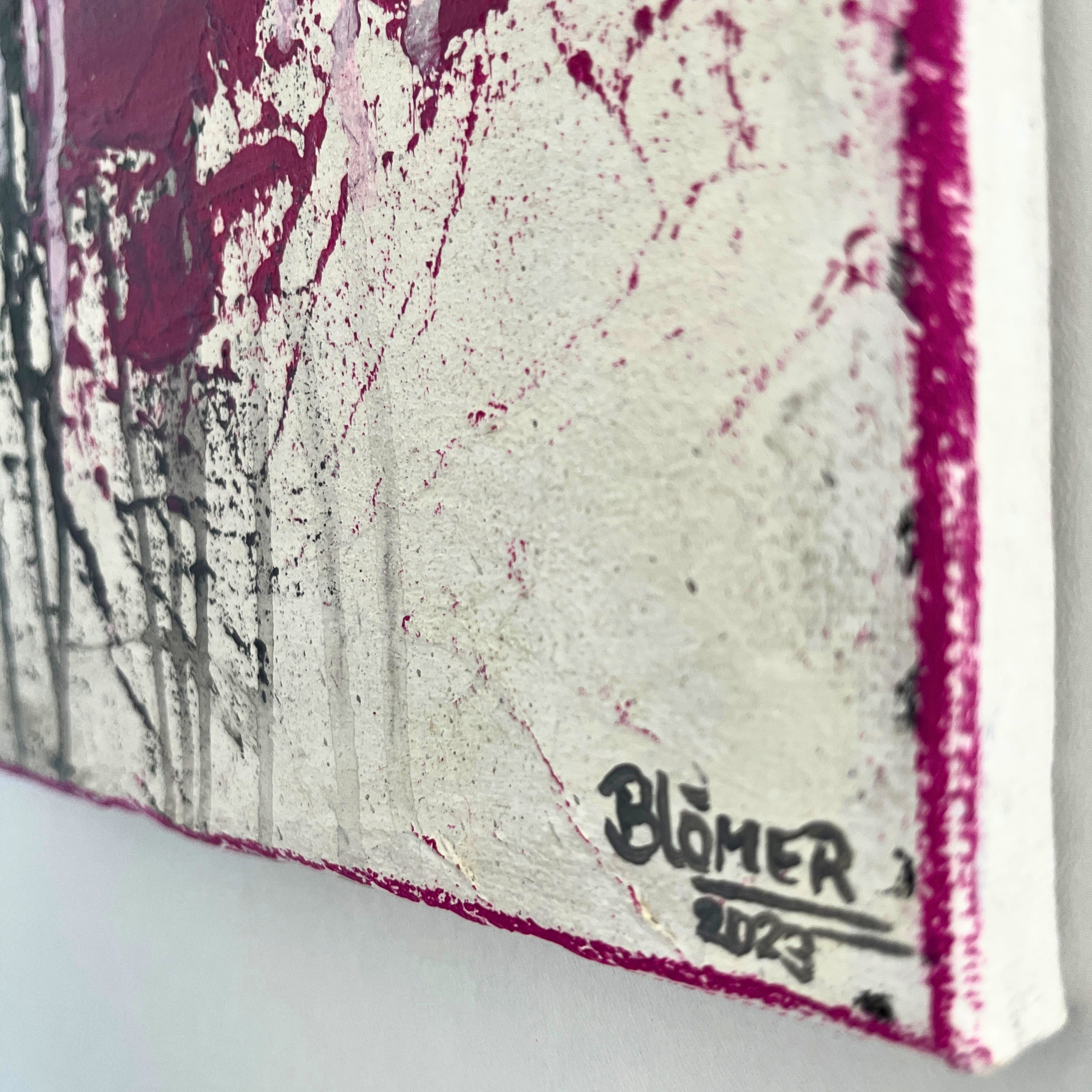rechte ecke des acrylbildes in schwarz, weiß, pink und mit schwarzer Unterschrift der Künstlerin 