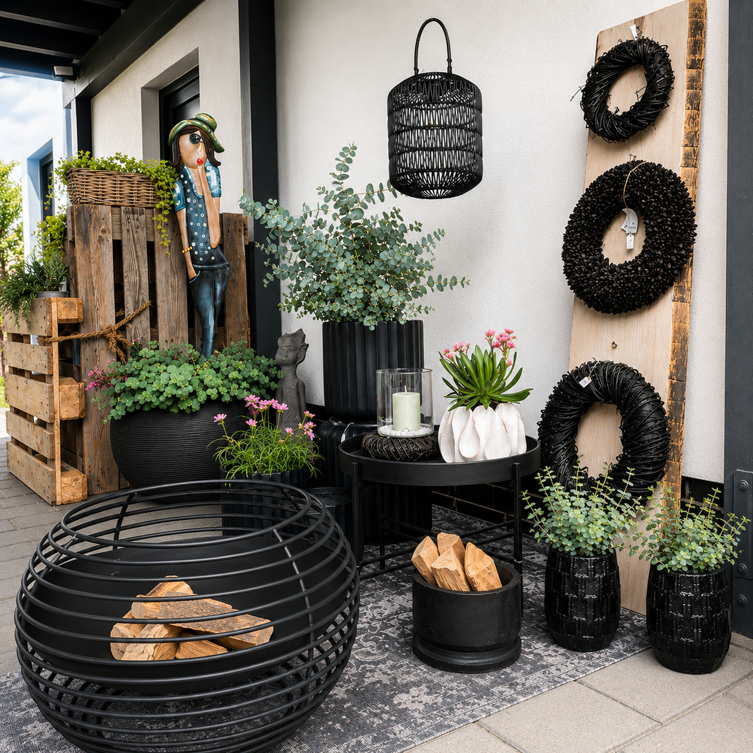 Moderne Outdoor-Living-Dekoration von Atelier B mit stilvoller Feuerschale, schwarzen Pflanzgefäßen, dekorativen Kränzen und eleganten Gartenaccessoires auf einer überdachten Terrasse.