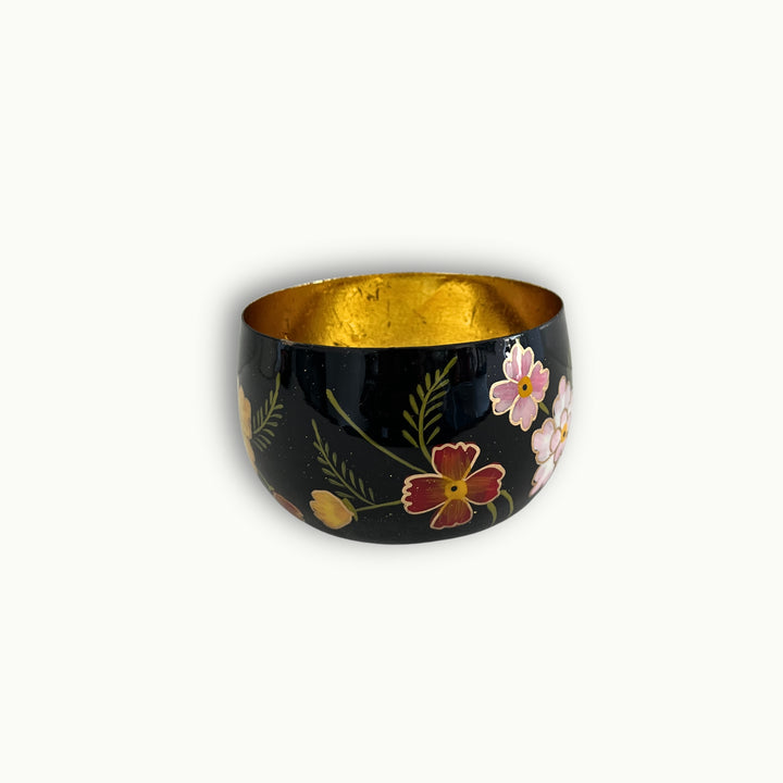Teelichthalter Blumen Schwarz & Gold – Glas Windlicht klein, groß oder Set