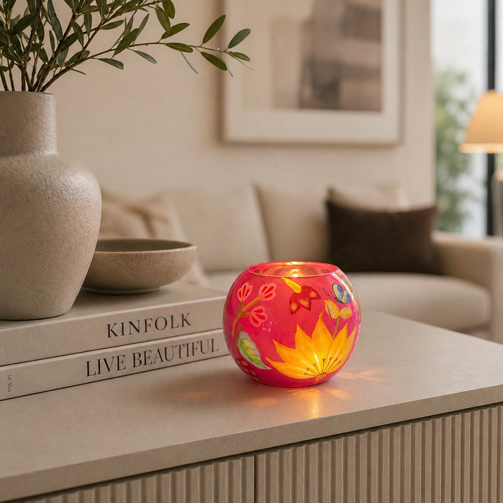 Handbemalter Teelichthalter aus Glas mit buntem Blumenmotiv auf Kommode im modernen Wohnzimmer dekoriert