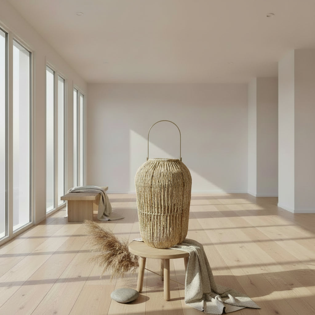 Teelichthalter aus geflochtenen Naturfasern mit Glaseinsatz in Beige in minimalistischen Wohnzimmer von Atelier B
