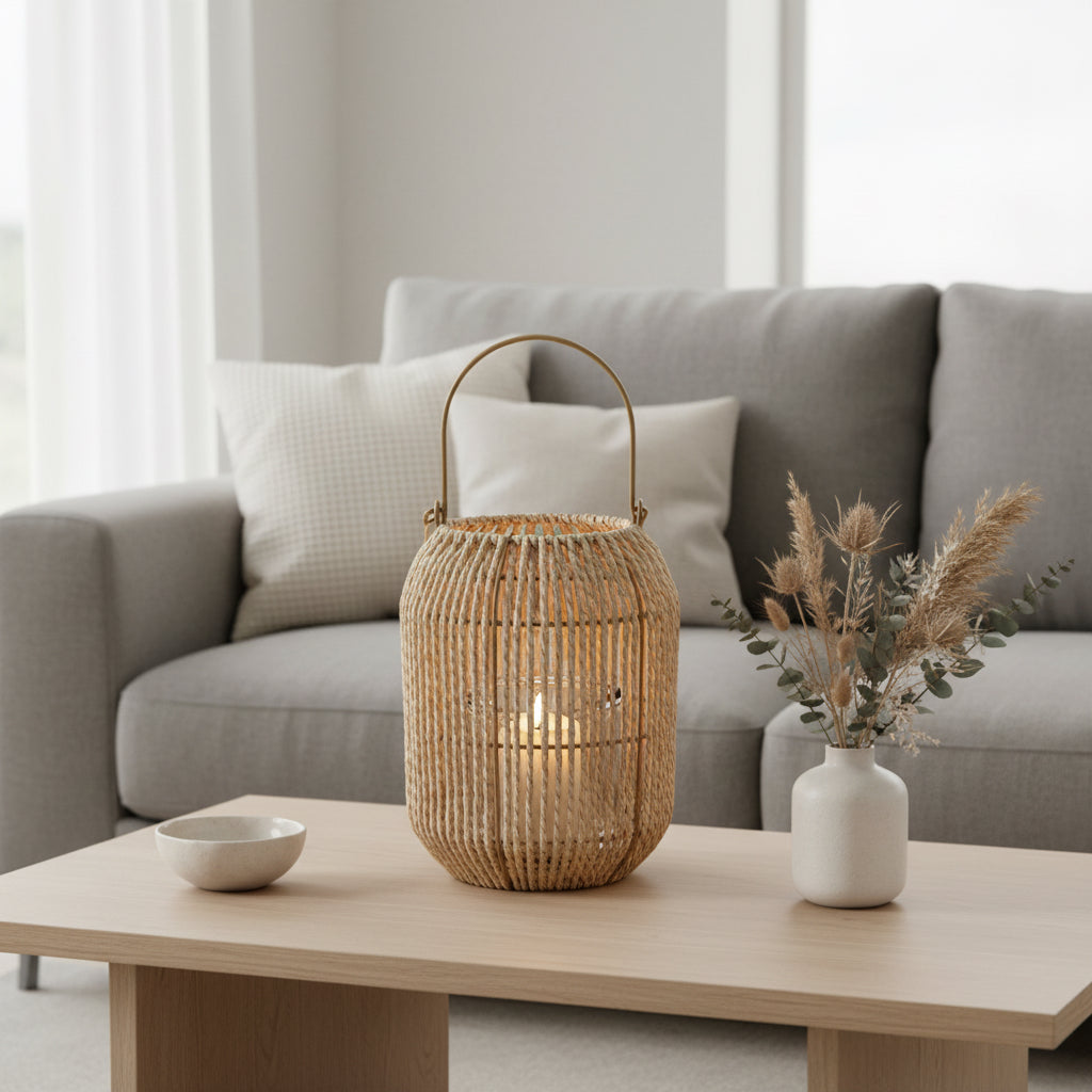Teelichthalter aus geflochtenen Naturfasern mit Glaseinsatz in Beige auf einem Wohnzimmertisch von Atelier B