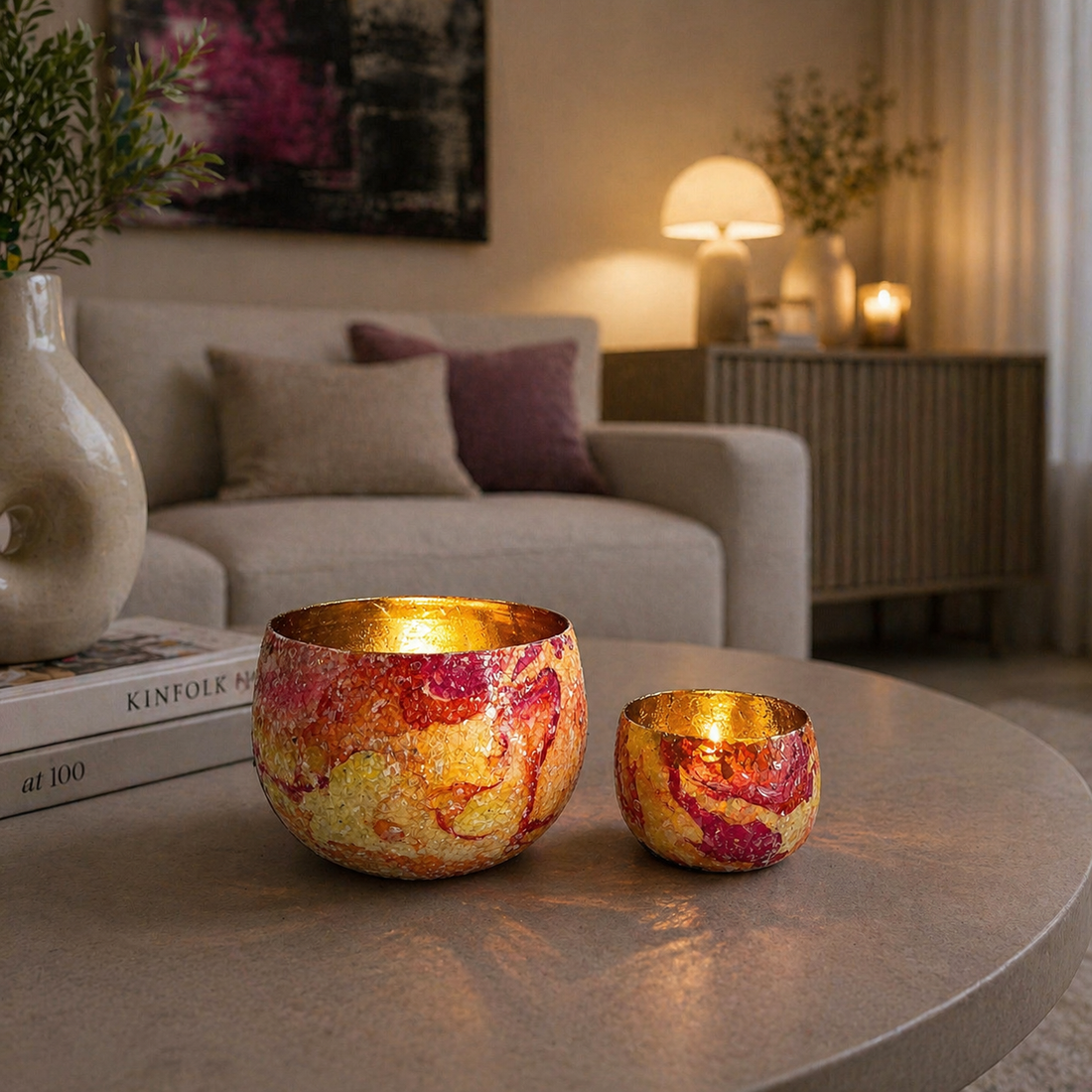 Teelichthalter Set aus Glas in Gold mit brennenden Kerzen auf Wohnzimmertisch im modernen Wohnzimmer dekoriert