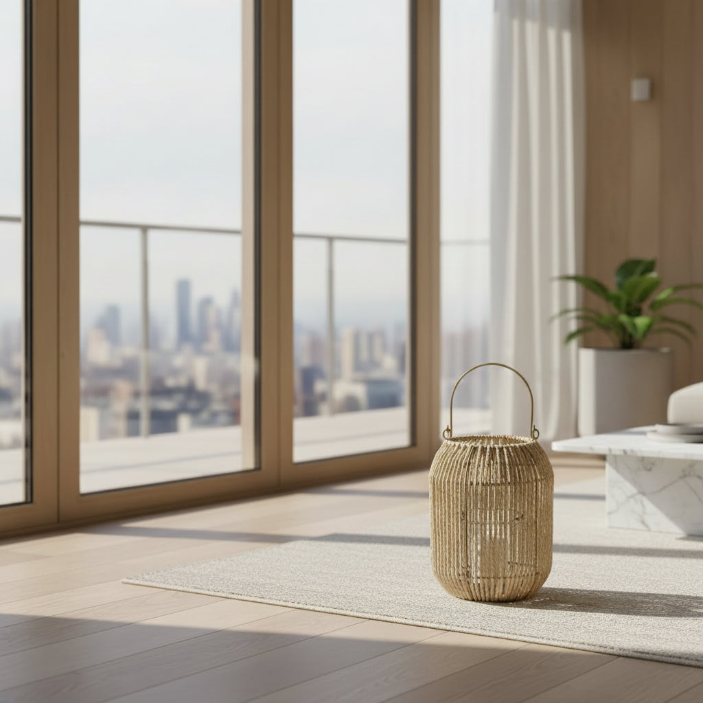 Teelichthalter aus geflochtenen Naturfasern mit Glaseinsatz in Beige vor einem Fenster im Wohnzimmer
