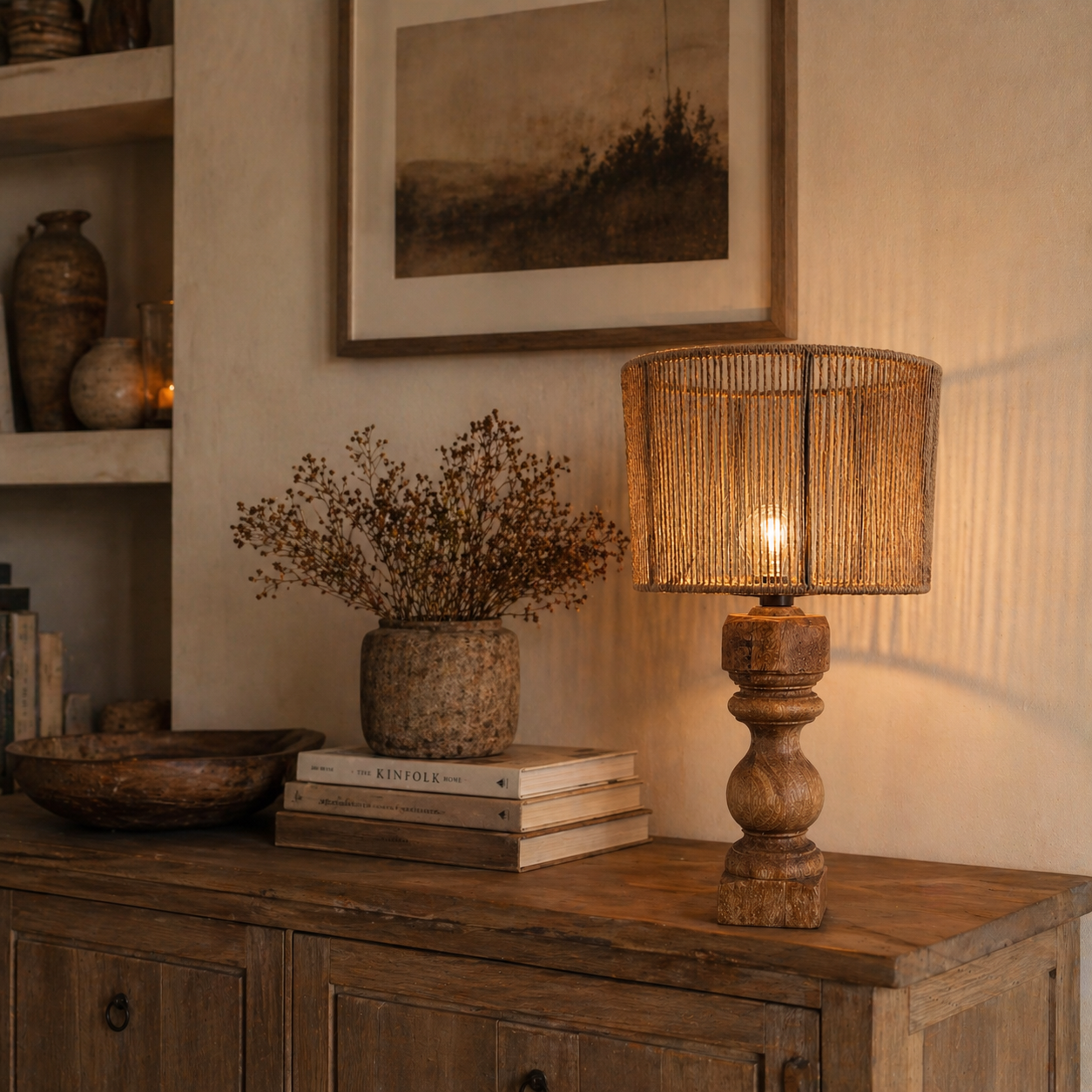 Holz Tischlampe im Boho-Stil auf rustikaler Kommode mit dekorativen Accessoires und warmem Licht