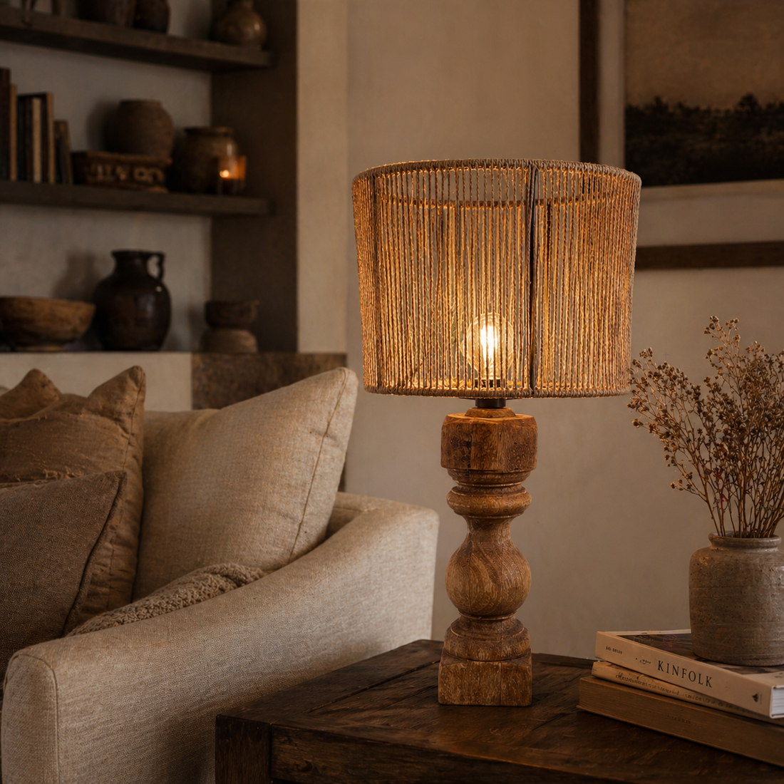 Tischlampe aus Holz mit geflochtenem Schirm im warm beleuchteten Wohnzimmer auf Beistelltisch dekoriert