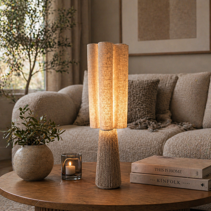 Moderne Tischlampe mit Stoffschirm in Naturoptik auf Wohnzimmertisch dekoriert für warme und gemütliche Atmosphäre